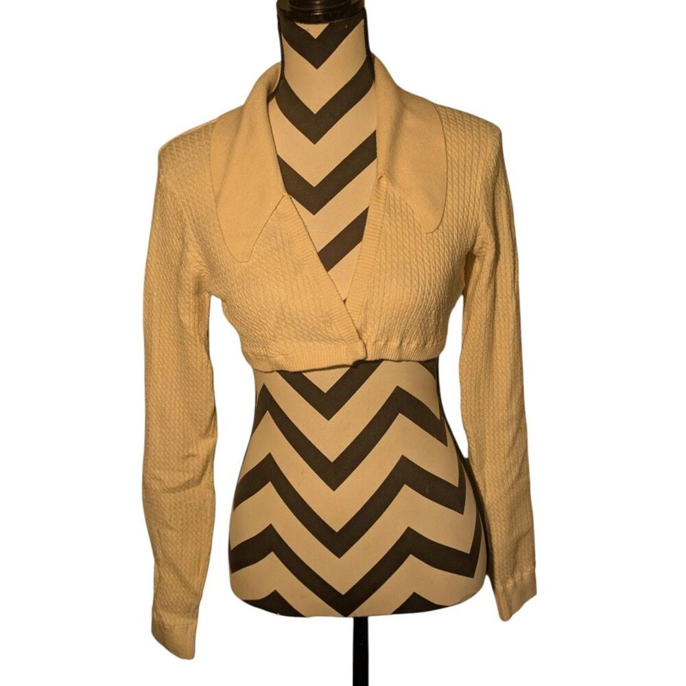 Danielle Bernstein WeWoreWhat Cream Ribbed Knit Collared Cropped Bolero